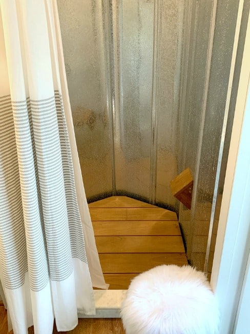 DIY wood bath mat in RV shower