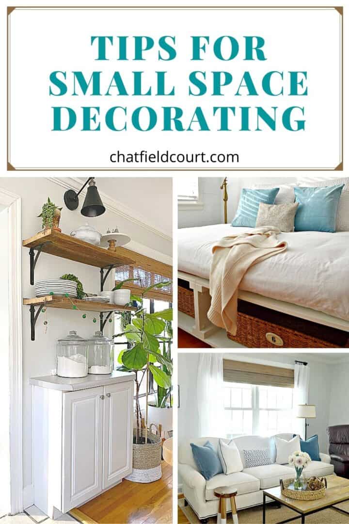 collage of small space decorating ideas in the kitchen, bedroom and living room