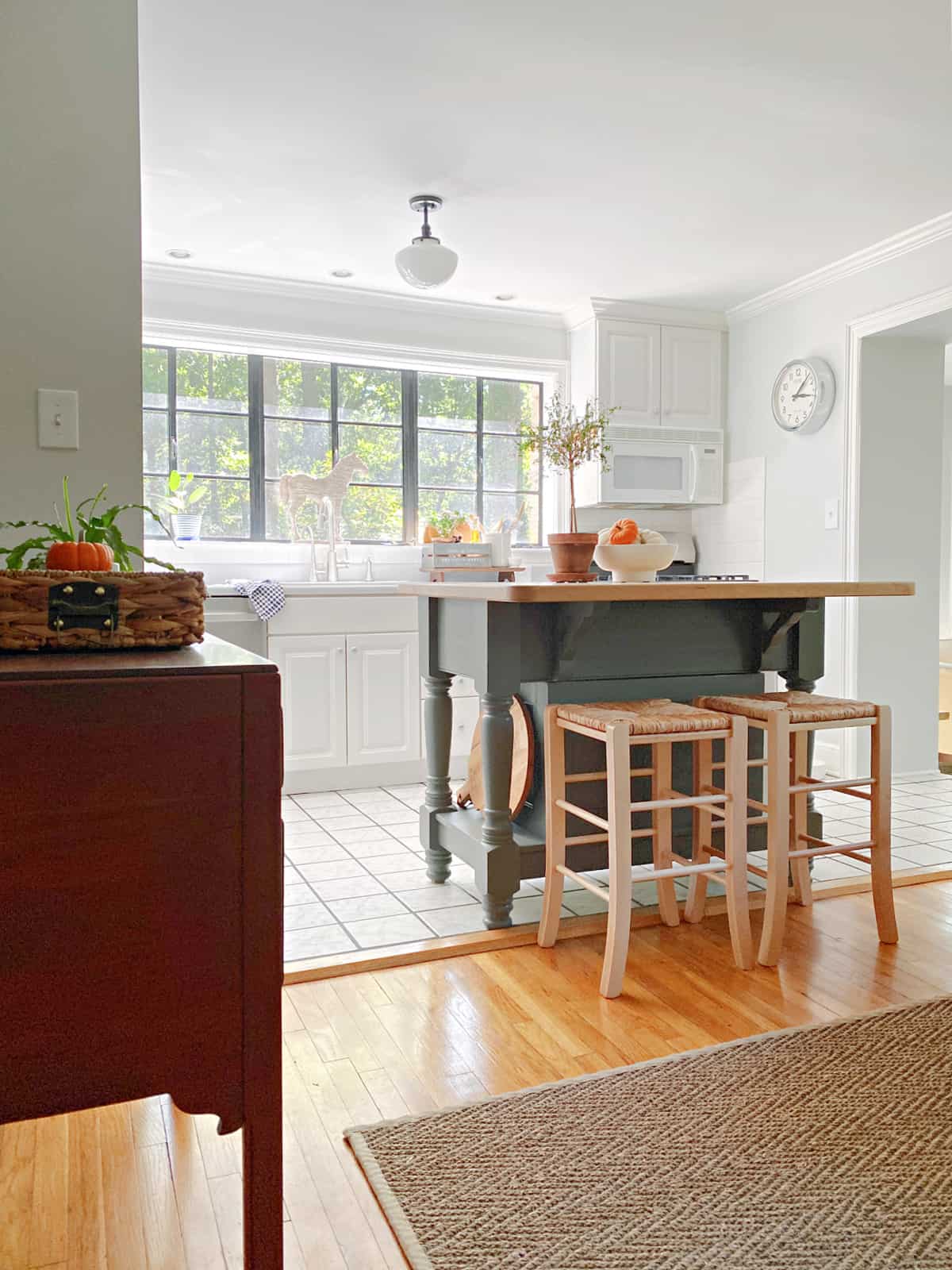 view in to kitchen with island