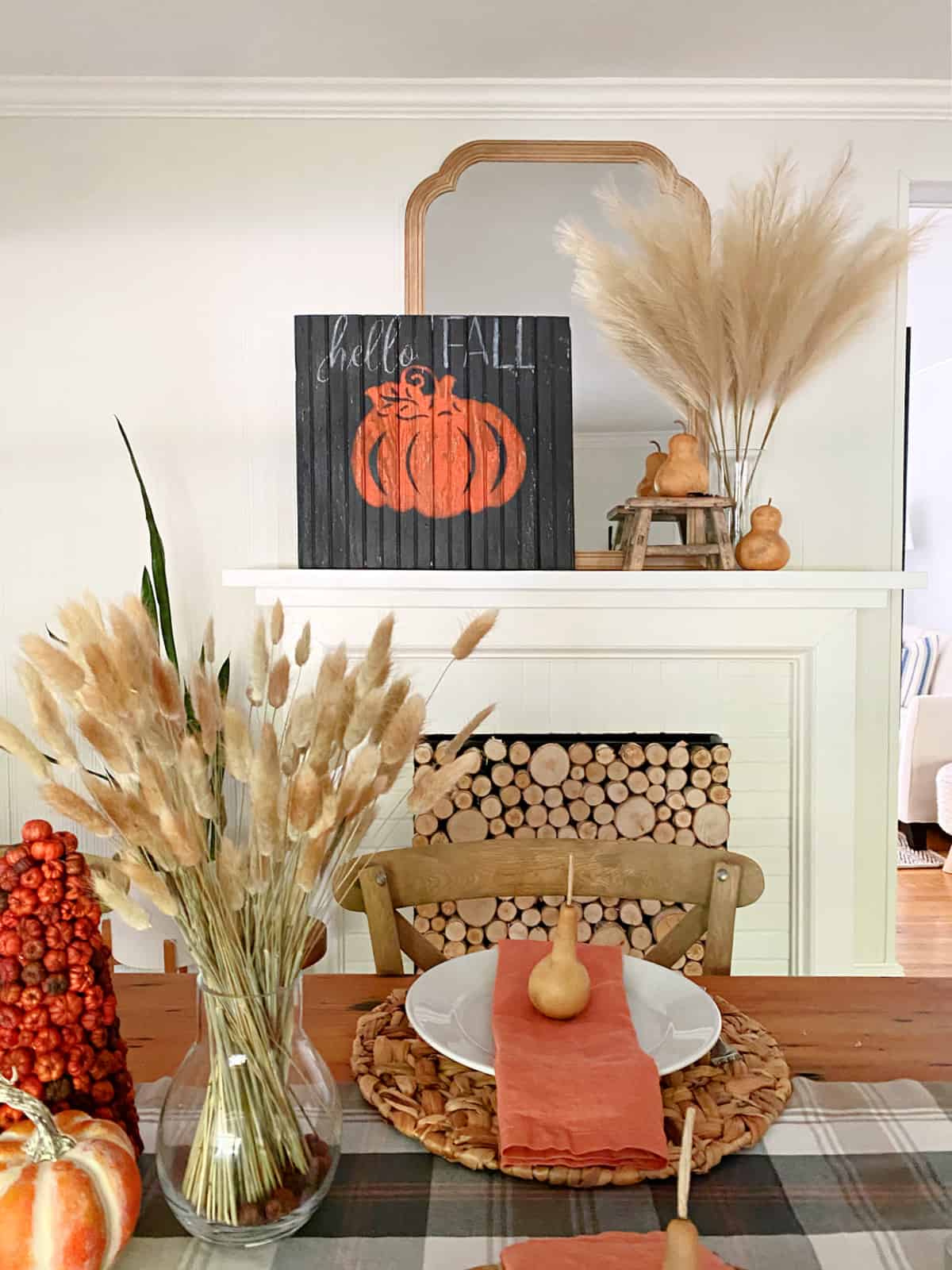 mantle decorated for fall