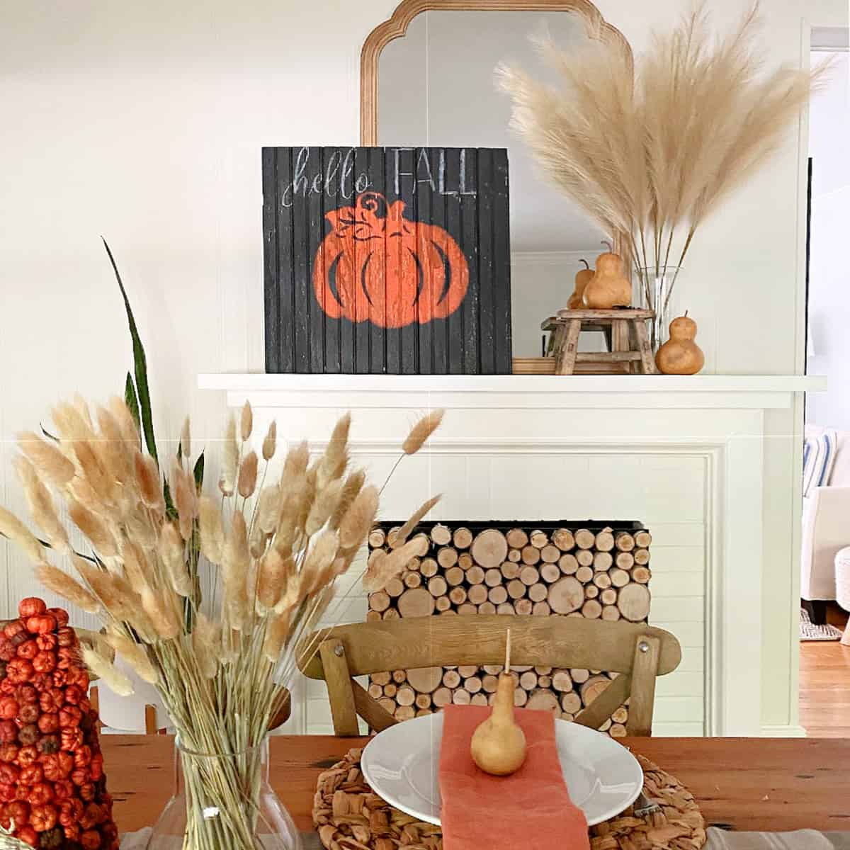 mantle decorated for fall