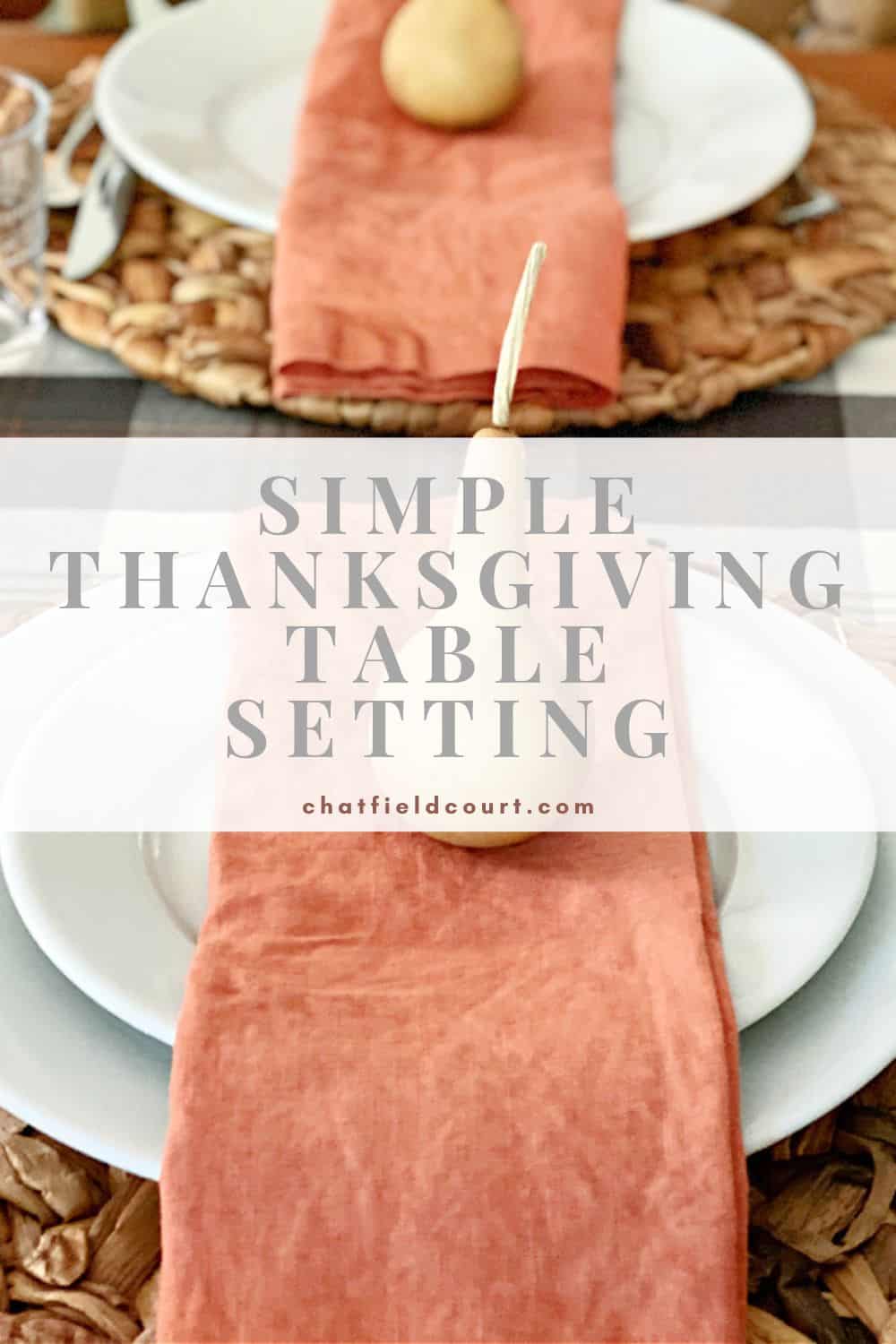Thanksgiving table setting with a napkin and dried gourd plus a large graphic