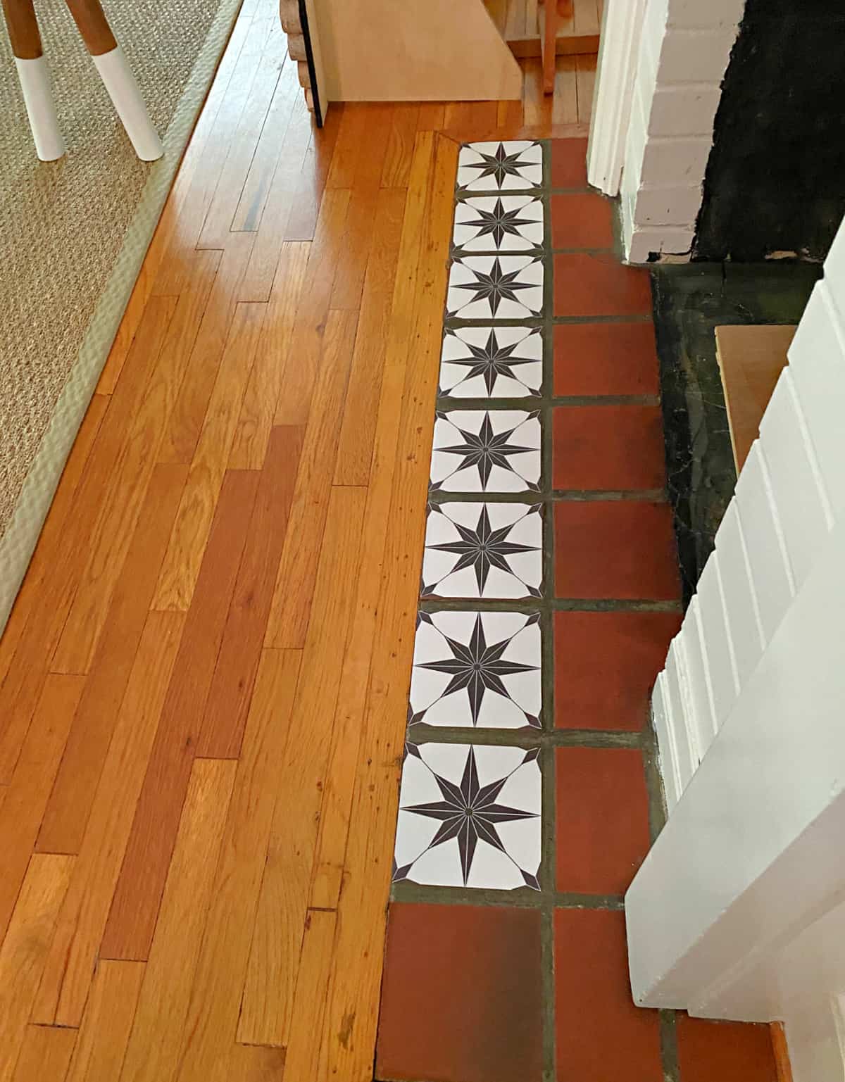 vinyl tile stickers on fireplace hearth