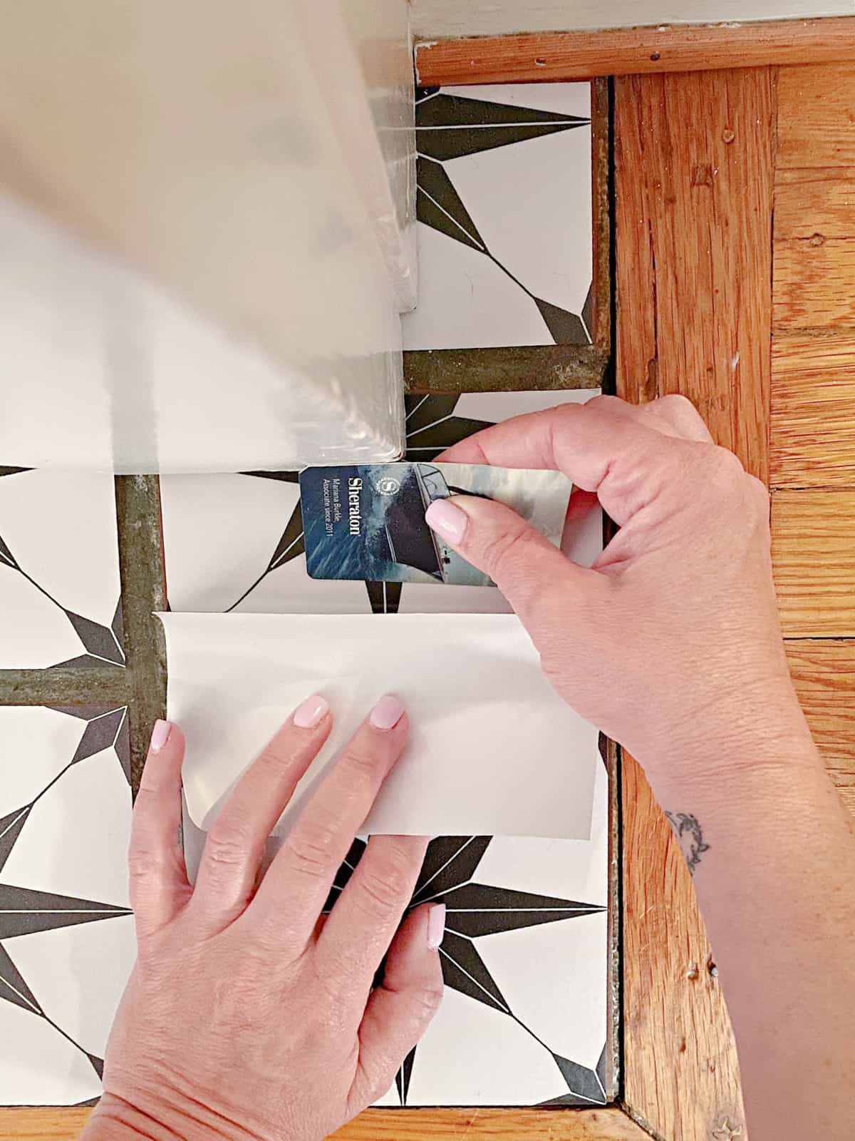 Fireplace Update with Peel & Stick Tiles img applying vinyl tile stickers