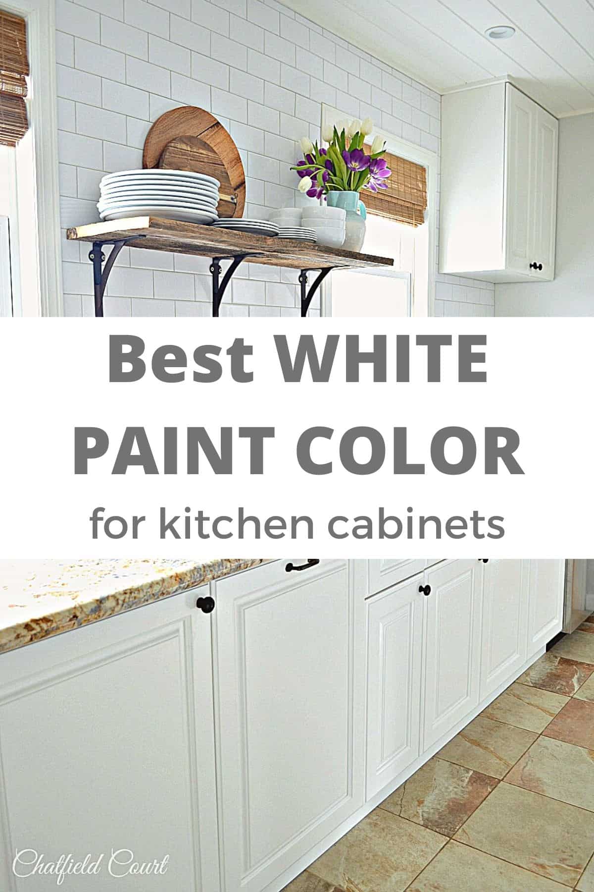 white kitchen cabinets in a small kitchen and large graphic