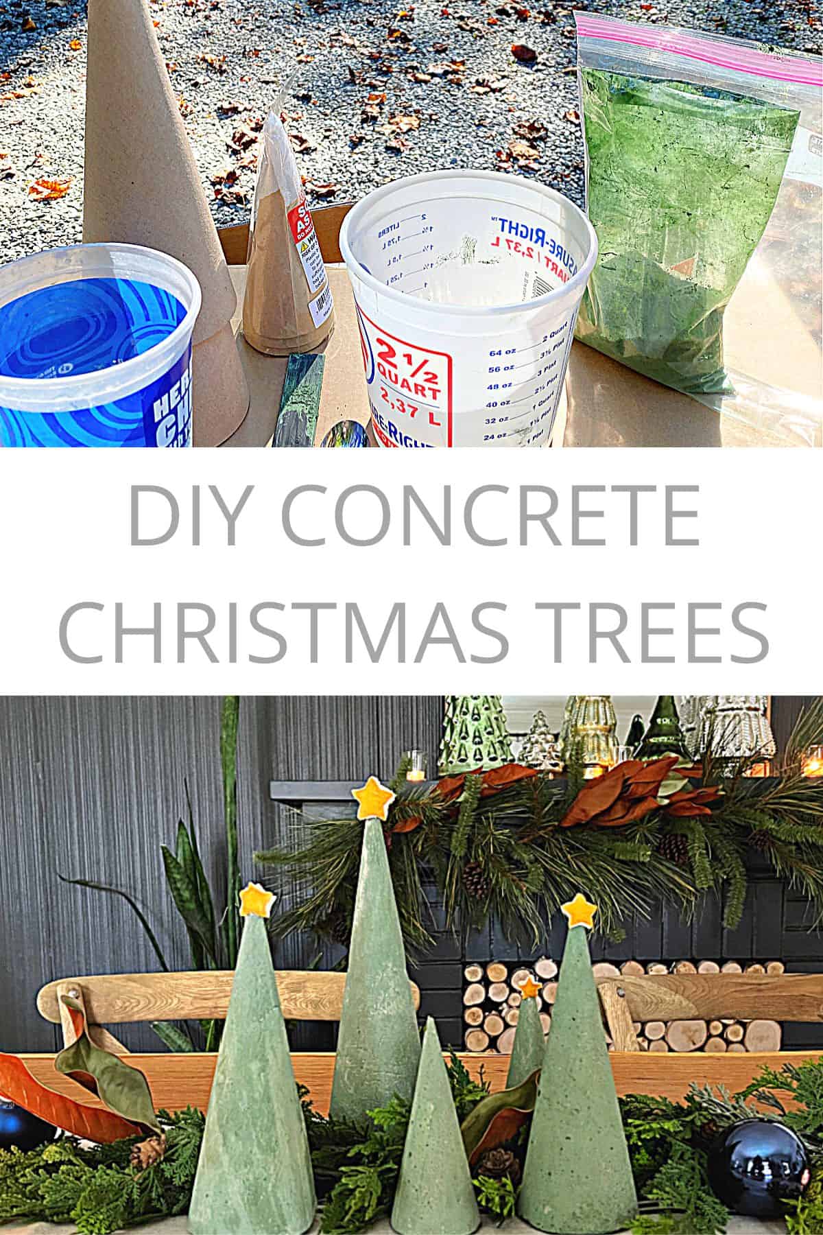 DIY concrete Christmas trees and supplies to make them
