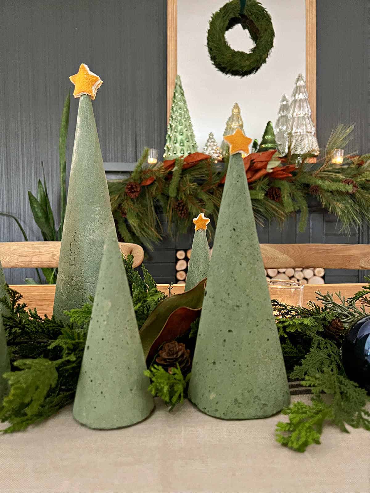 green dyed concrete Christmas trees on table