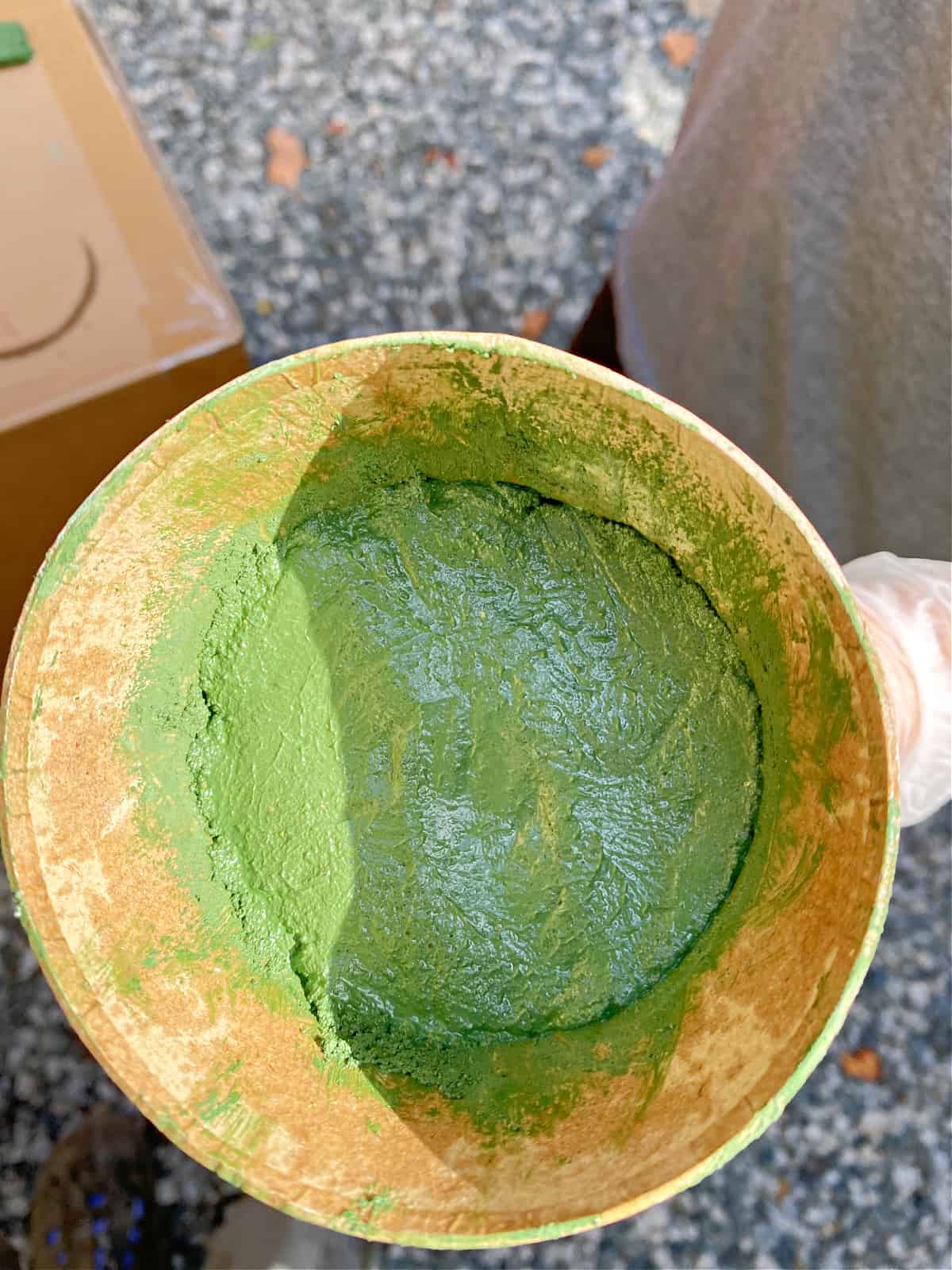 How to Make a Concrete Christmas Tree snap green tinted concrete smoothed out in cardboard cone