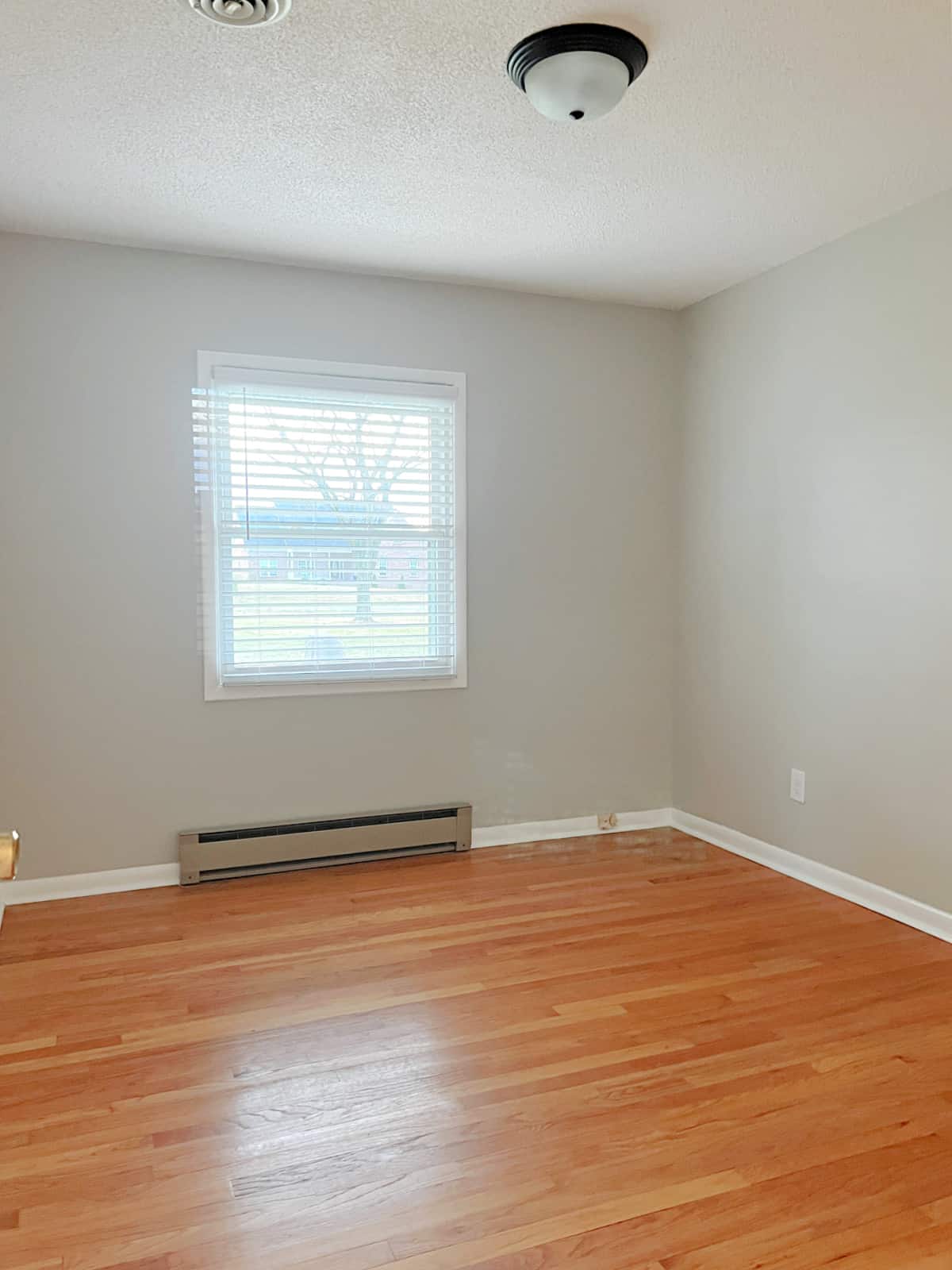 empty bedroom space with window and gray walls