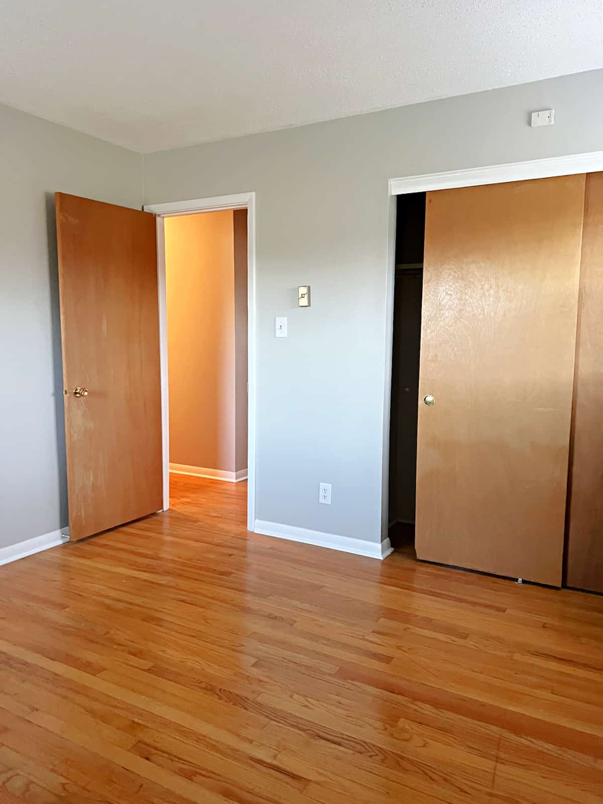 empty master bedroom with natural wood door and closet doors