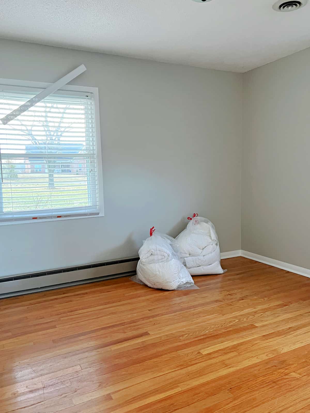 guest bedroom with broken blinds and two garbage bags