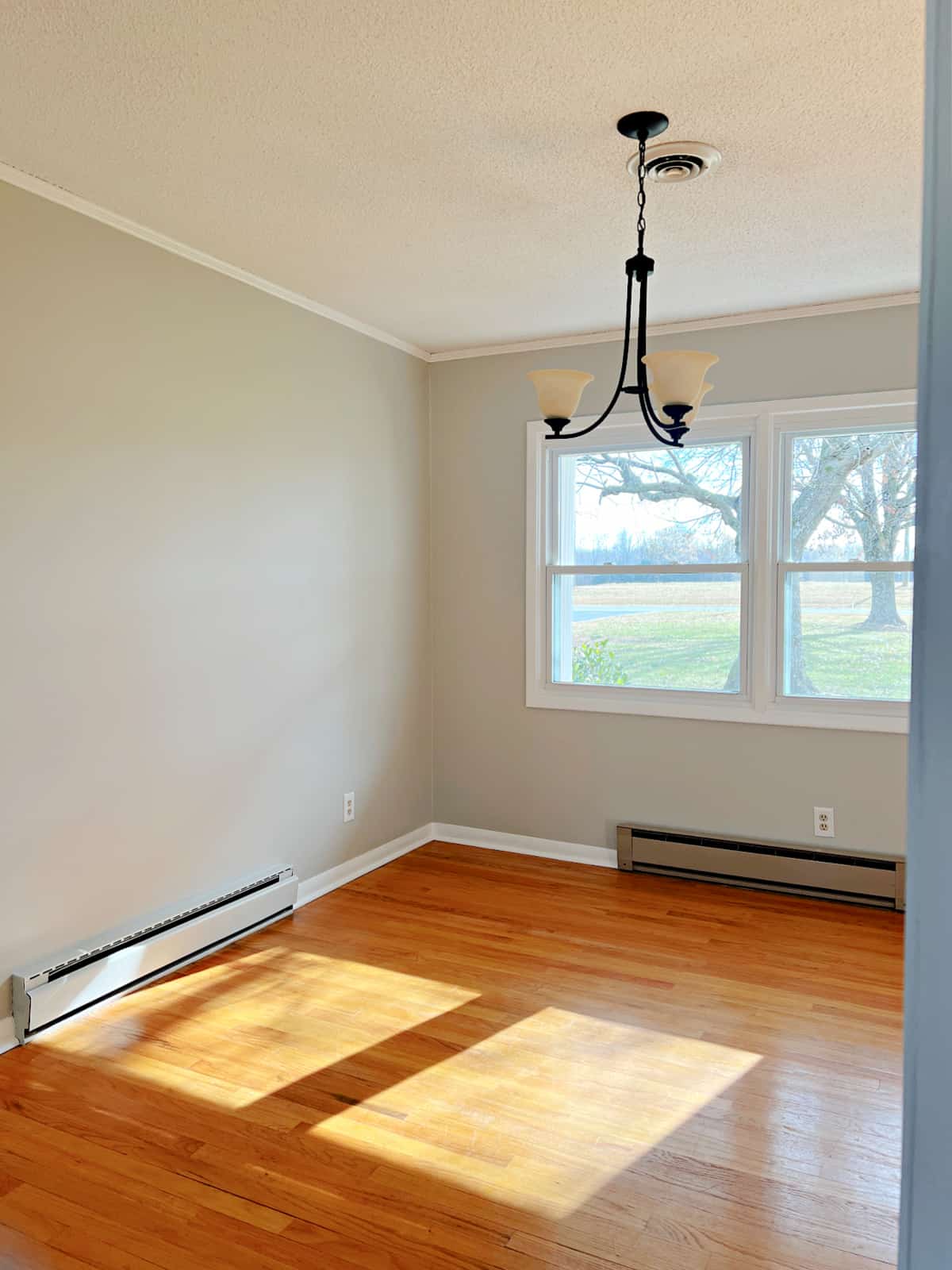 empty living room space with gray walls