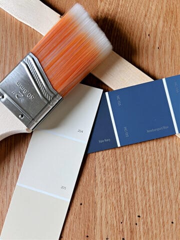 paint chips in navy blues and whites with paint brush and paint stick