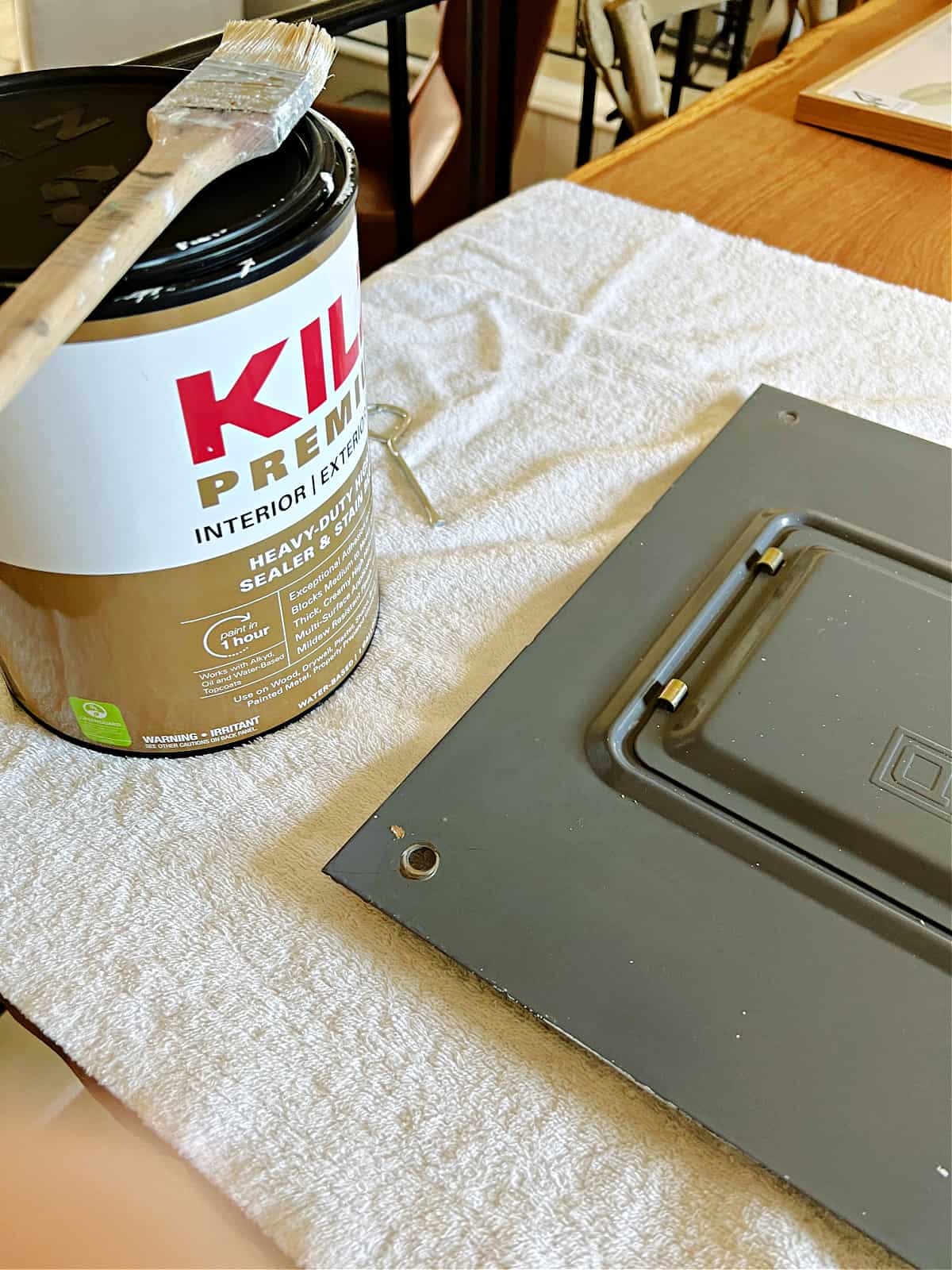 Kilz primer and corner of fuse box cover