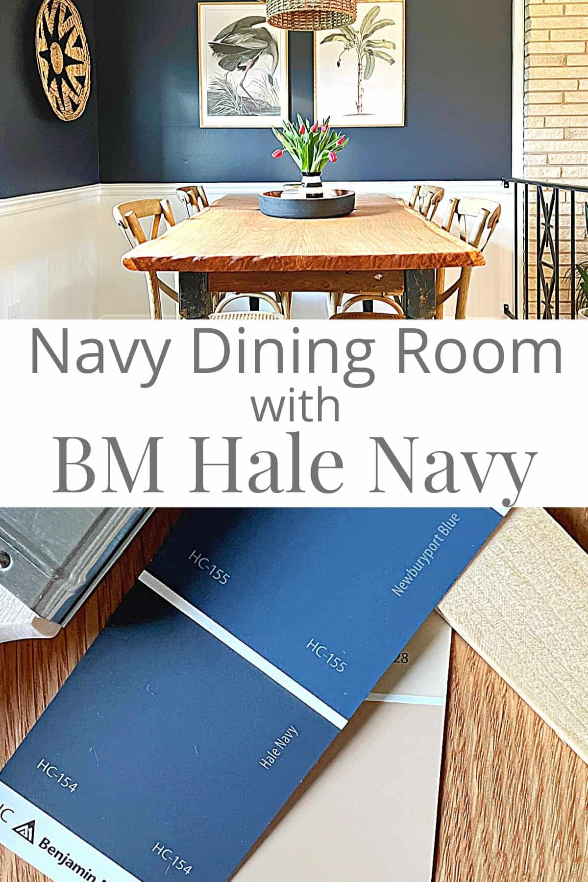 navy small dining room and navy blue paint chip, with large pinterest graphic
