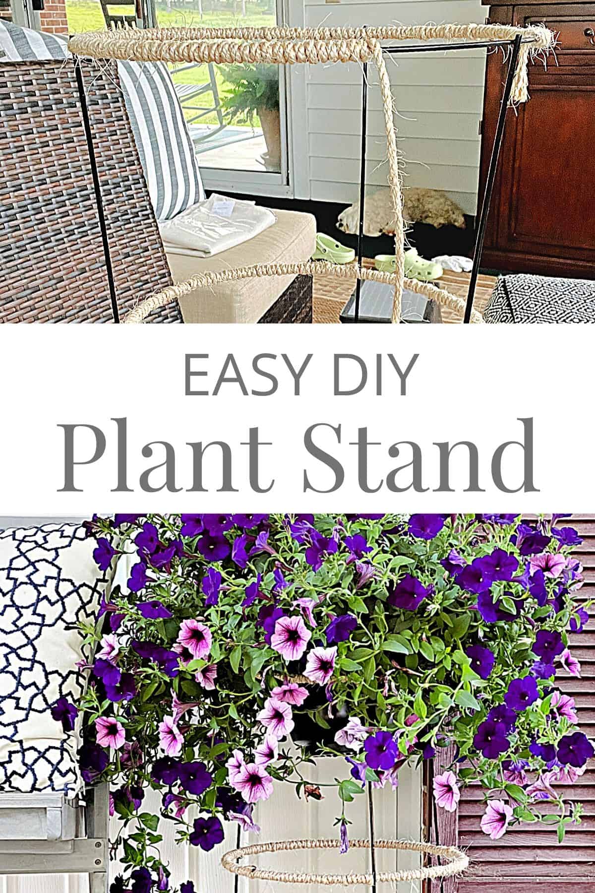 creating a plant stand with twine and completed plant stand with flowers
