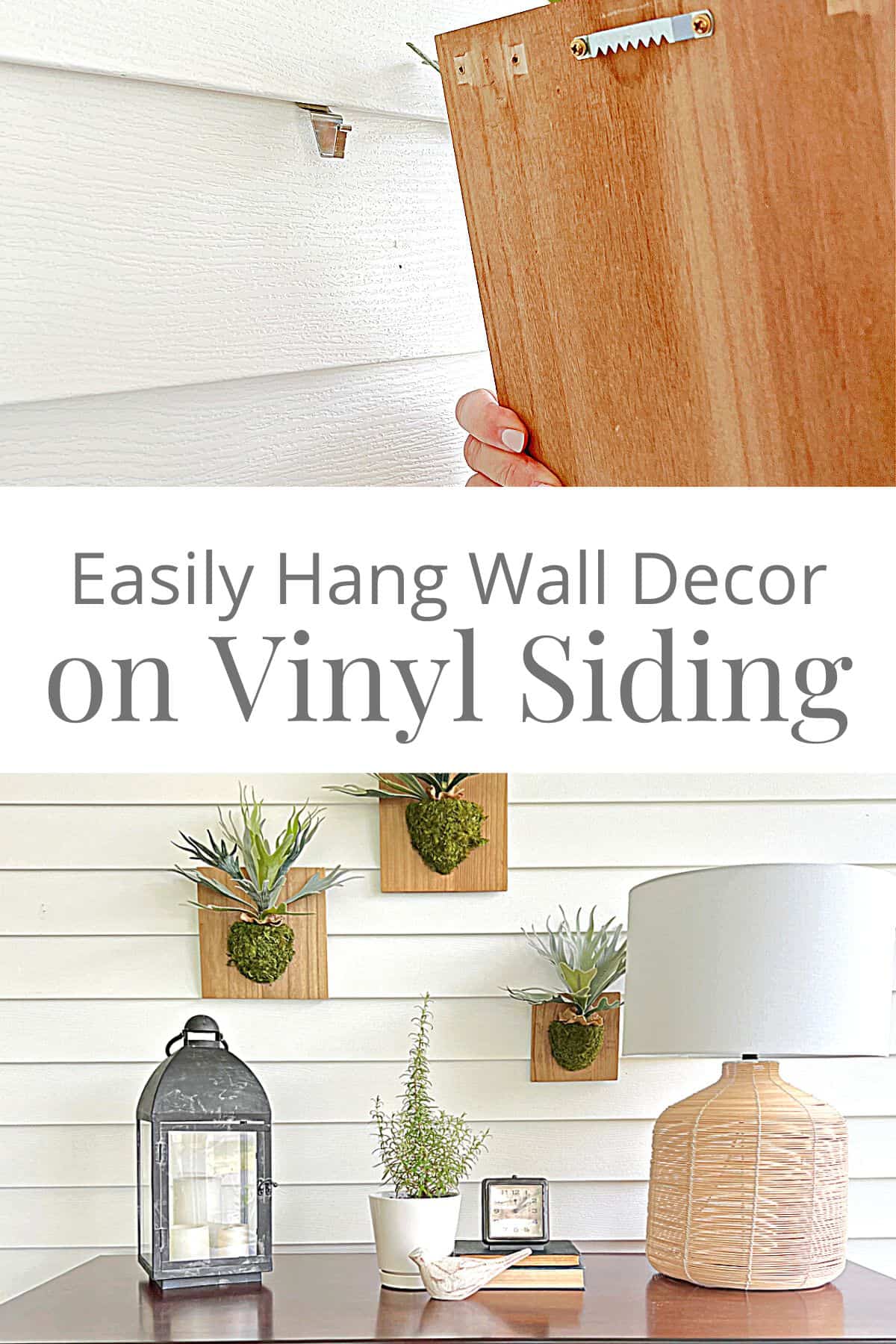 hanging picture on hook on vinyl siding and wall art display over cabinet