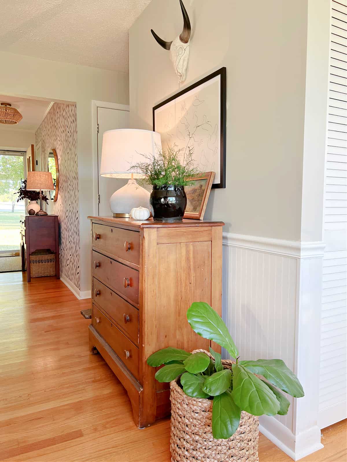 fiddle leaf fig plant next to wood dresser