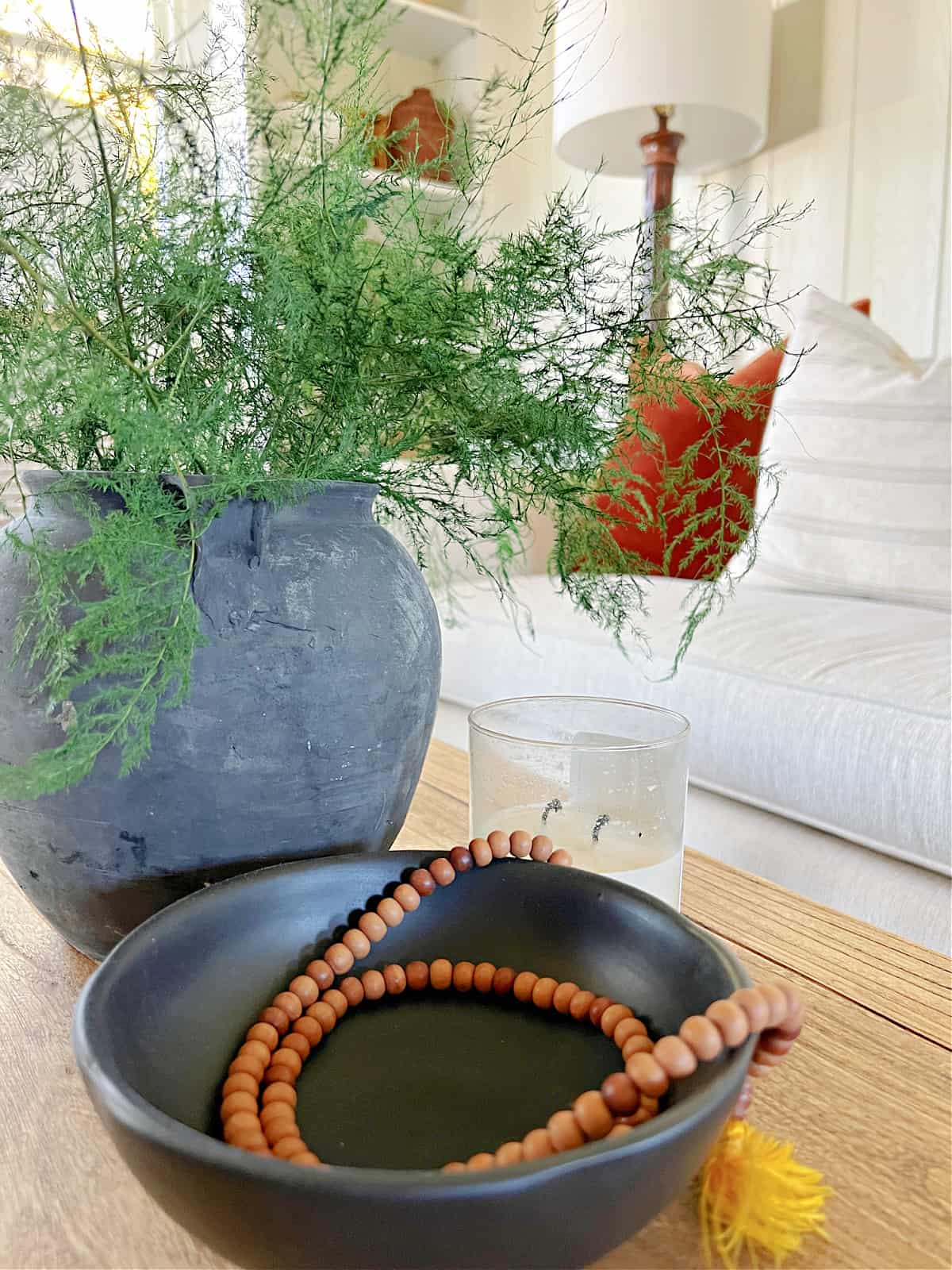 black bowl and pot with greenery on coffee table in living room