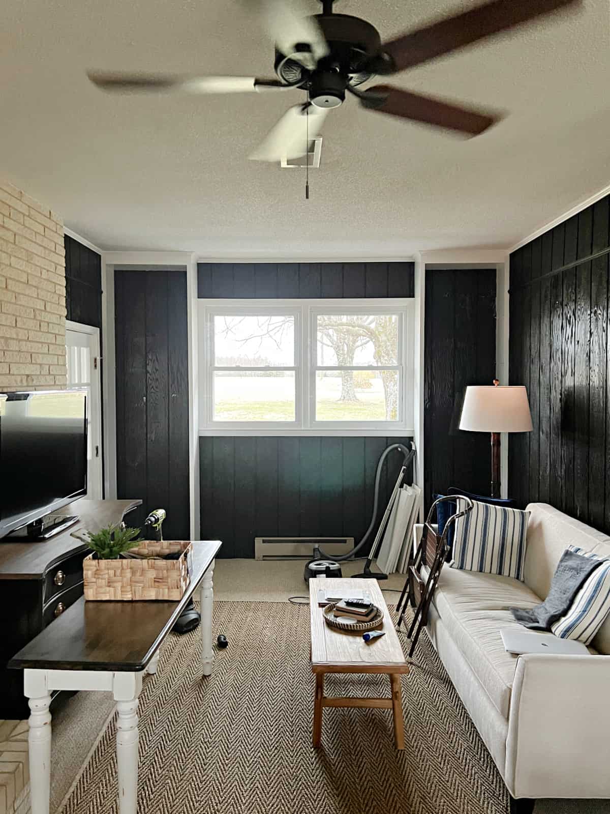 long narrow living room with black walls