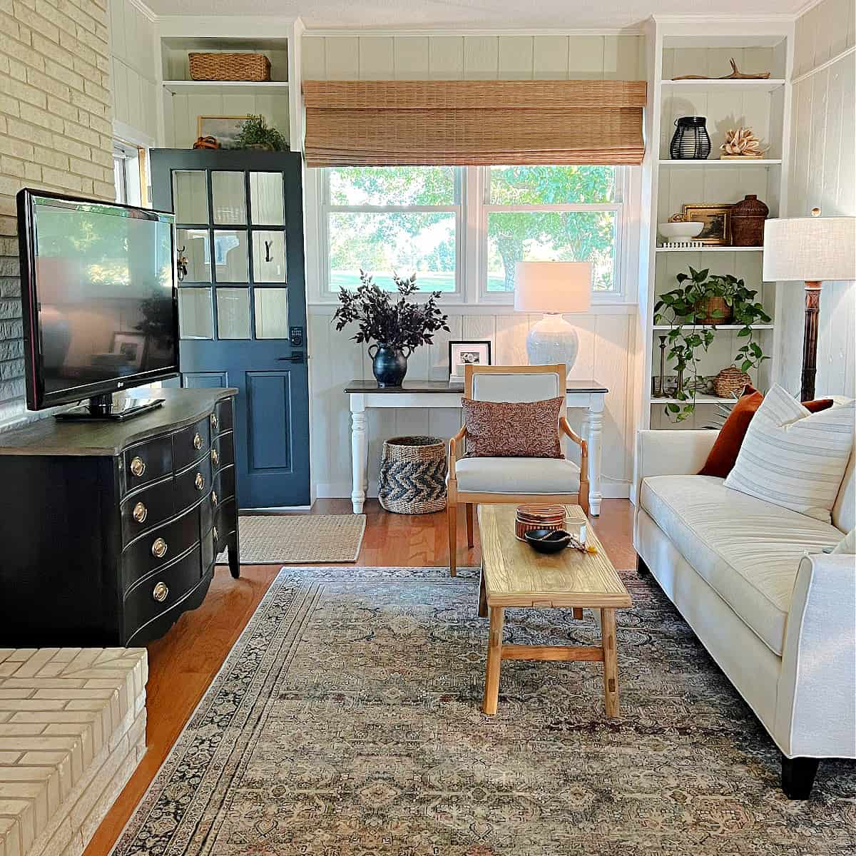 view of long, narrow living room and furniture