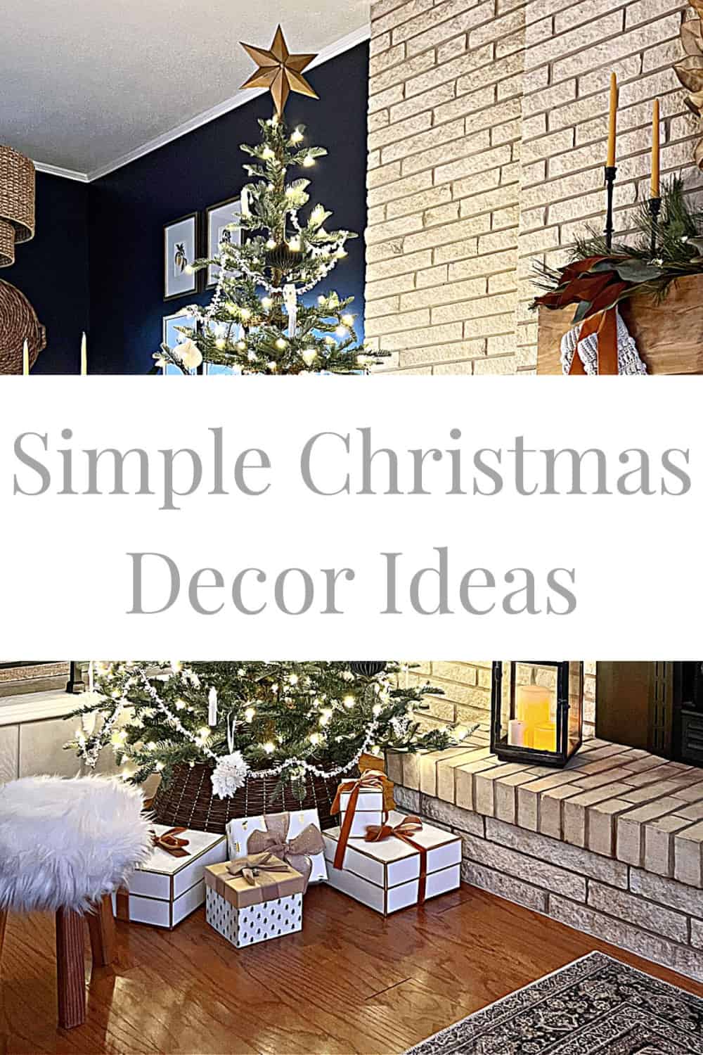 decorated Christmas tree in living room and large graphic
