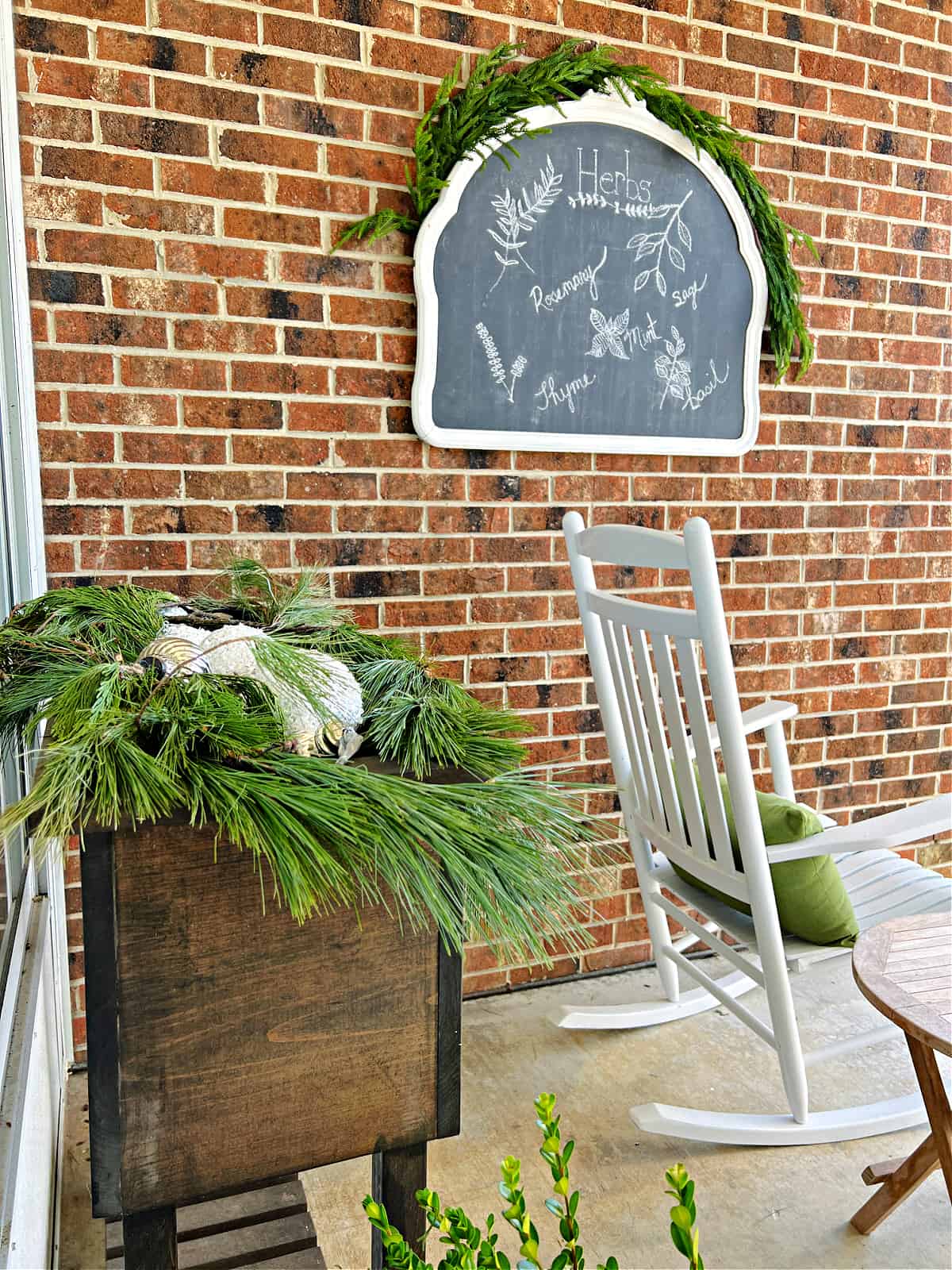 back porch decorated with Christmas decor