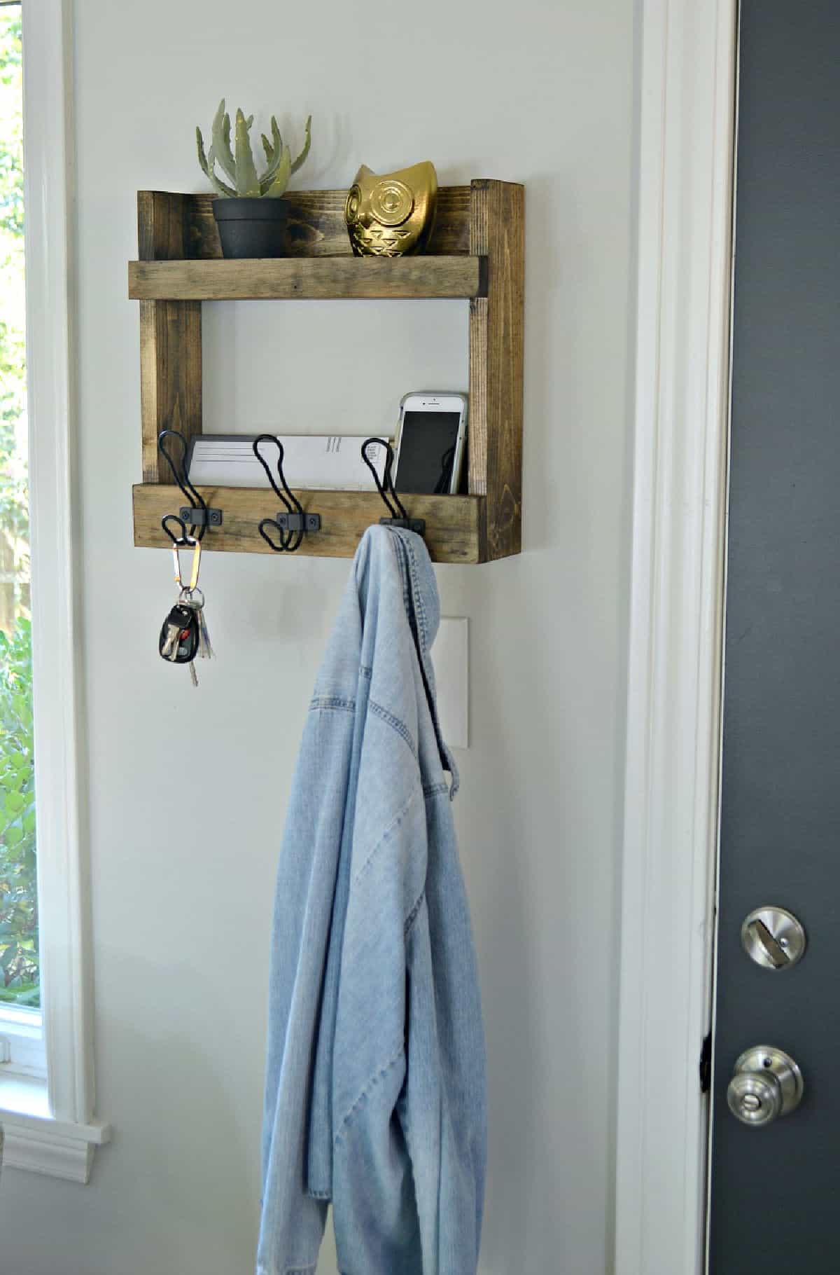 DIY coat rack hanging on wall near back door