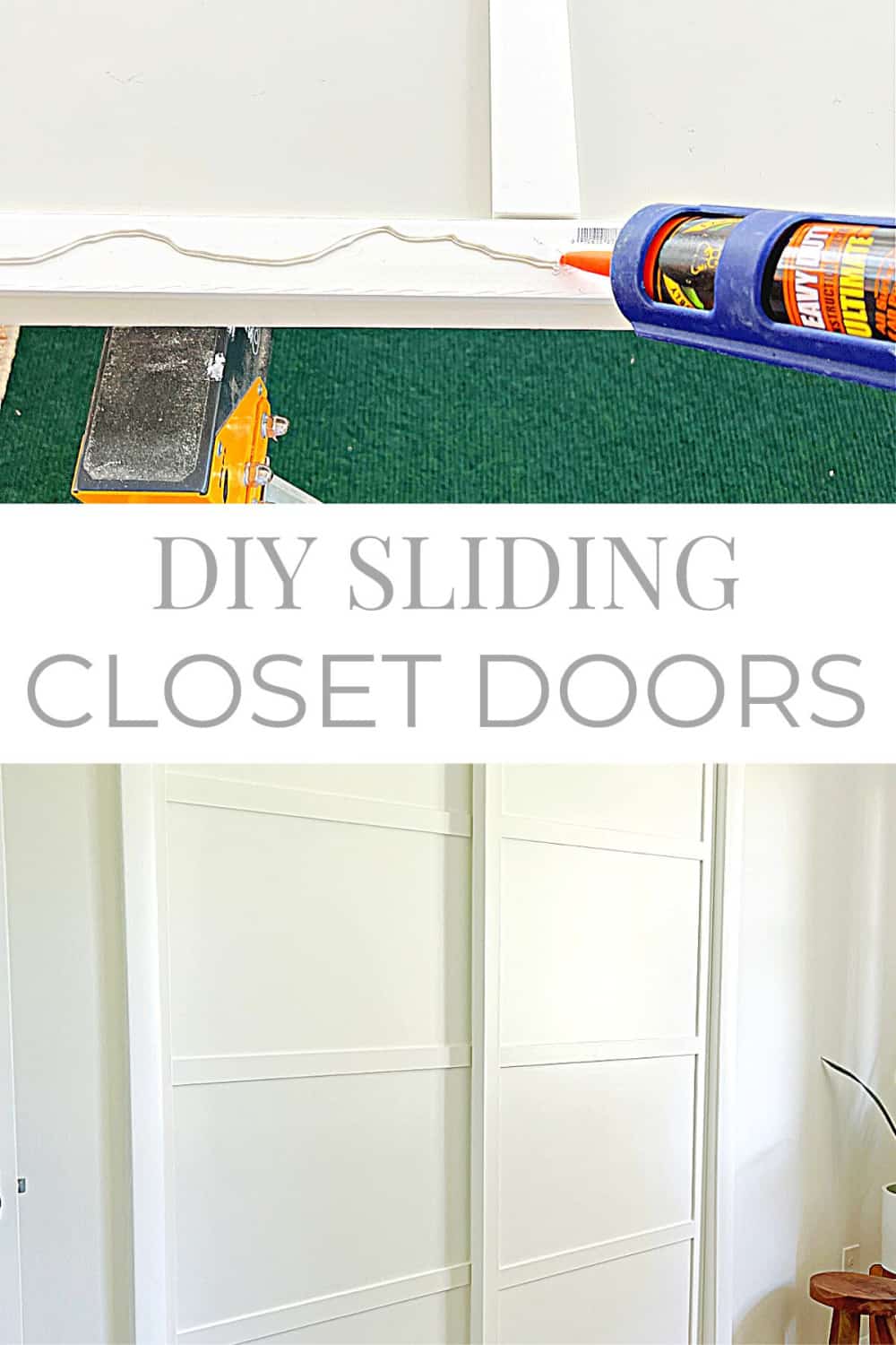 gluing trim to a door and completed closet doors, plus pinterest graphic