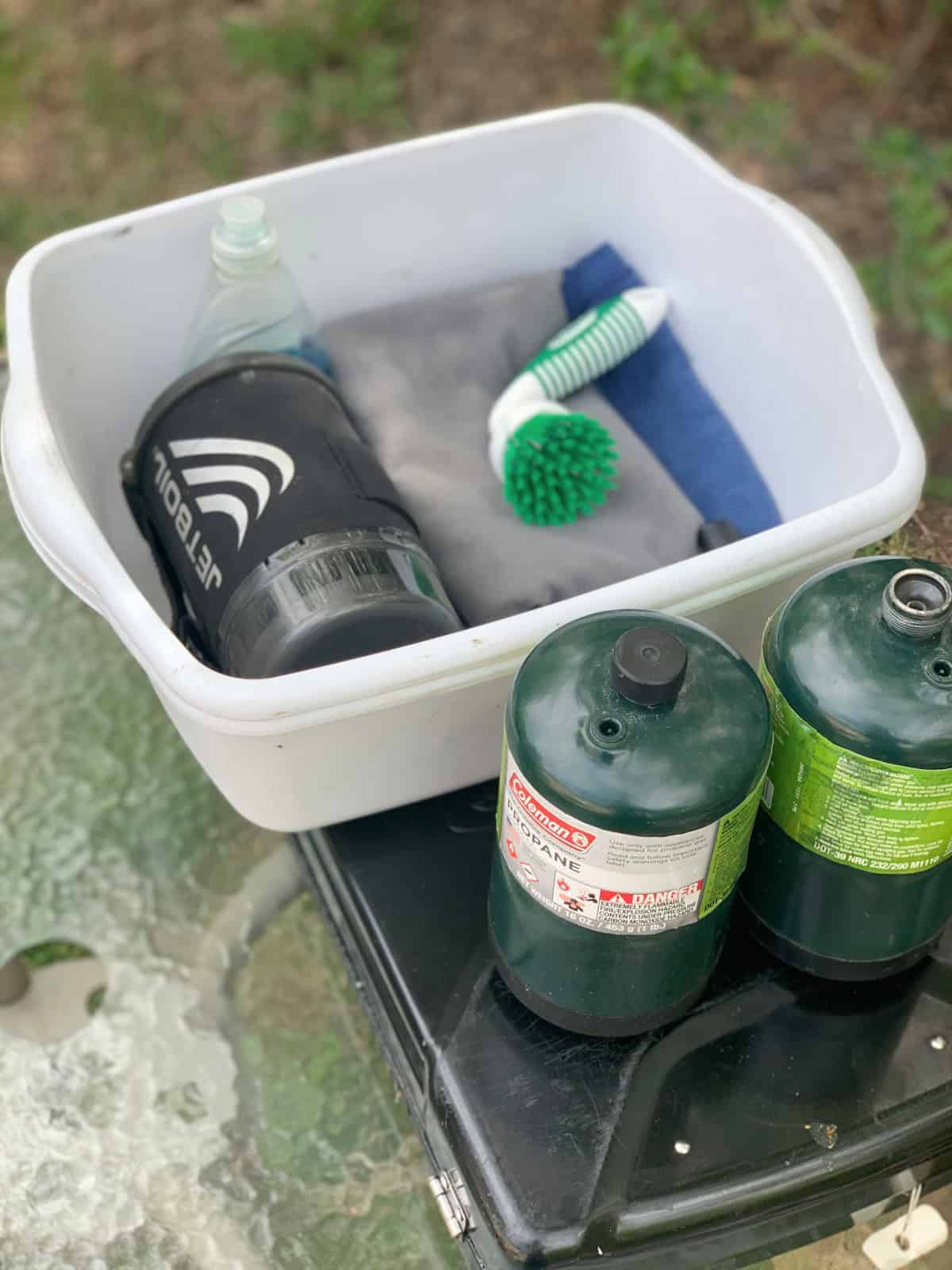 Camp Kitchen Gear & Packing List picture dishbins towels and propane
