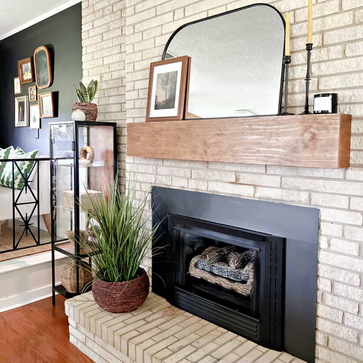 stone fireplace with DIY wood mantel shelf