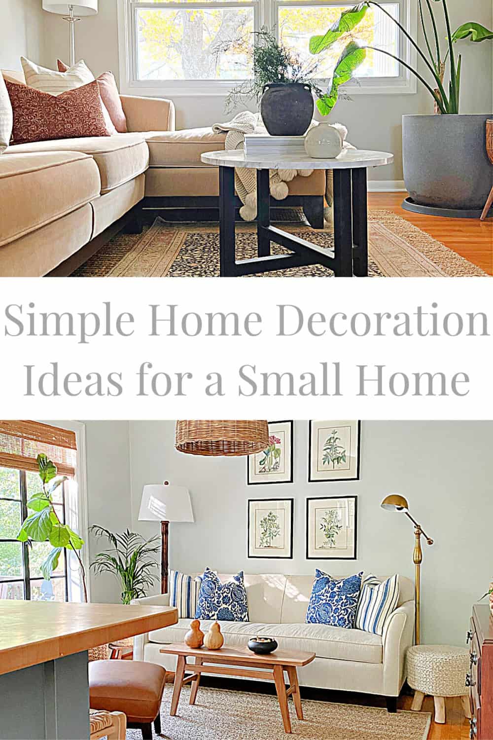 small living rooms with sofas and coffee tables plus a large pinterest graphic
