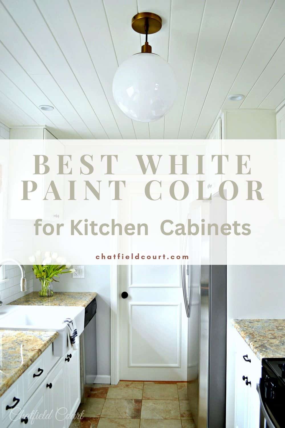 kitchen with white painted cabinets and large pinterest graphic