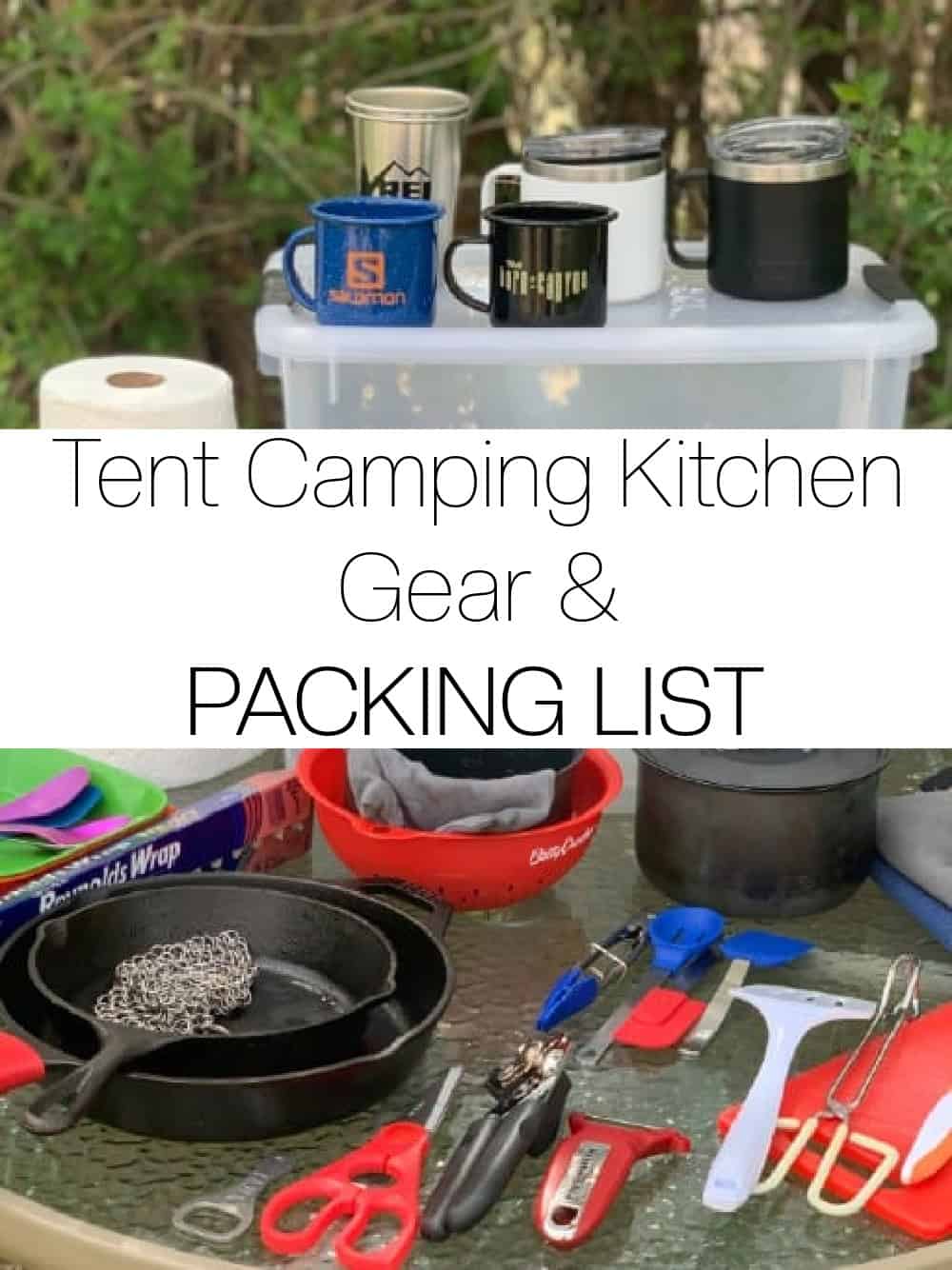 camp kitchen gear on table and large pinterest graphic