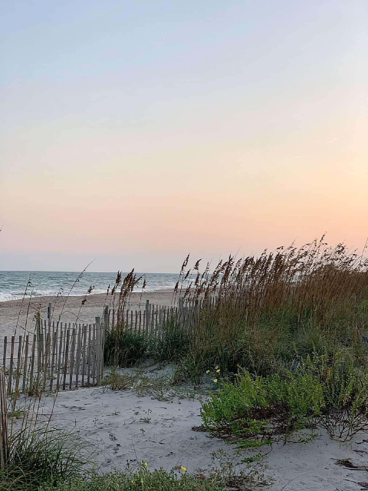 looking out to the ocean and sand dunes at sunset