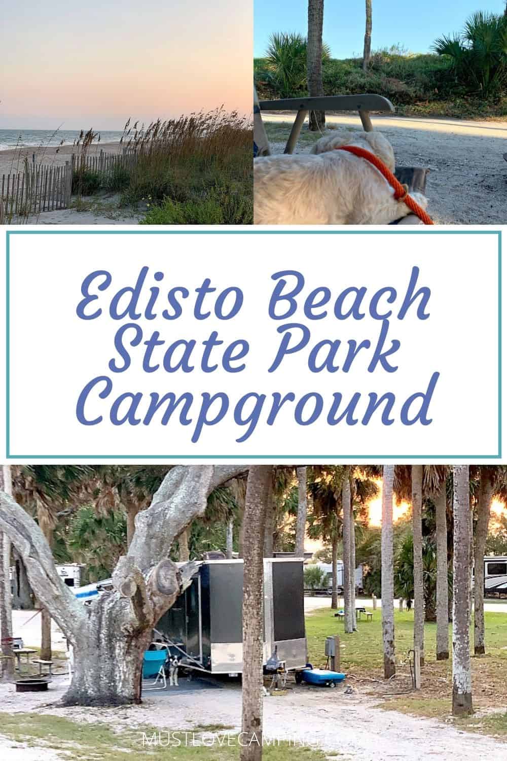 different scenes from camping at Edisto Beach State Park, and large Pinterest graphic
