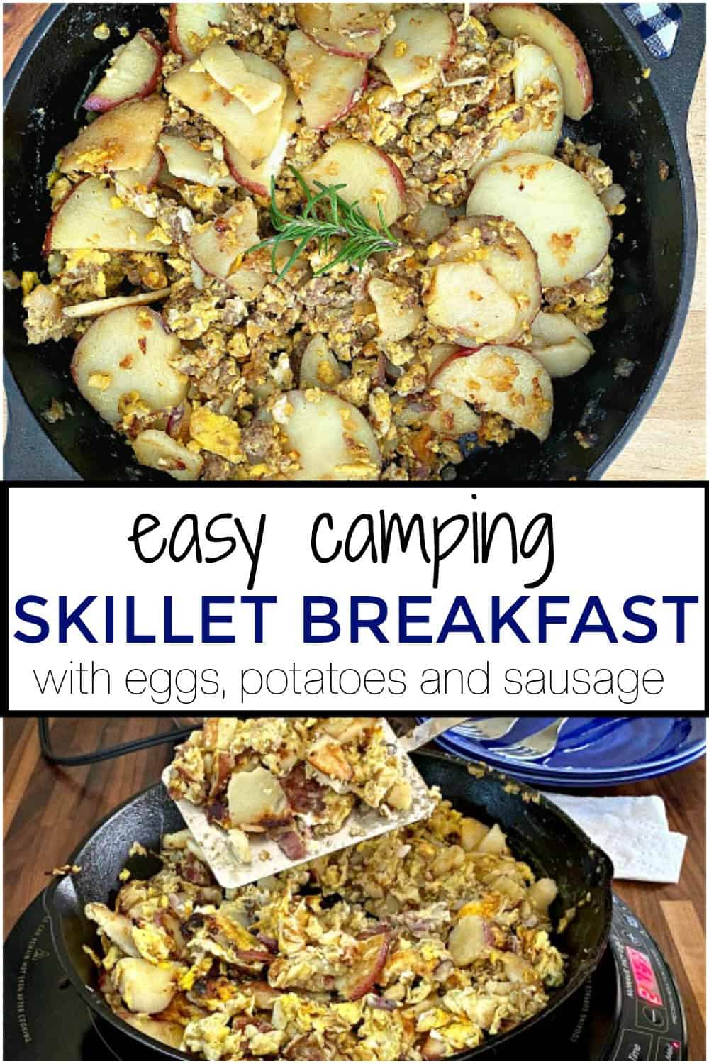 breakfast skillet with eggs, potatoes and sausage and large pinterest graphic