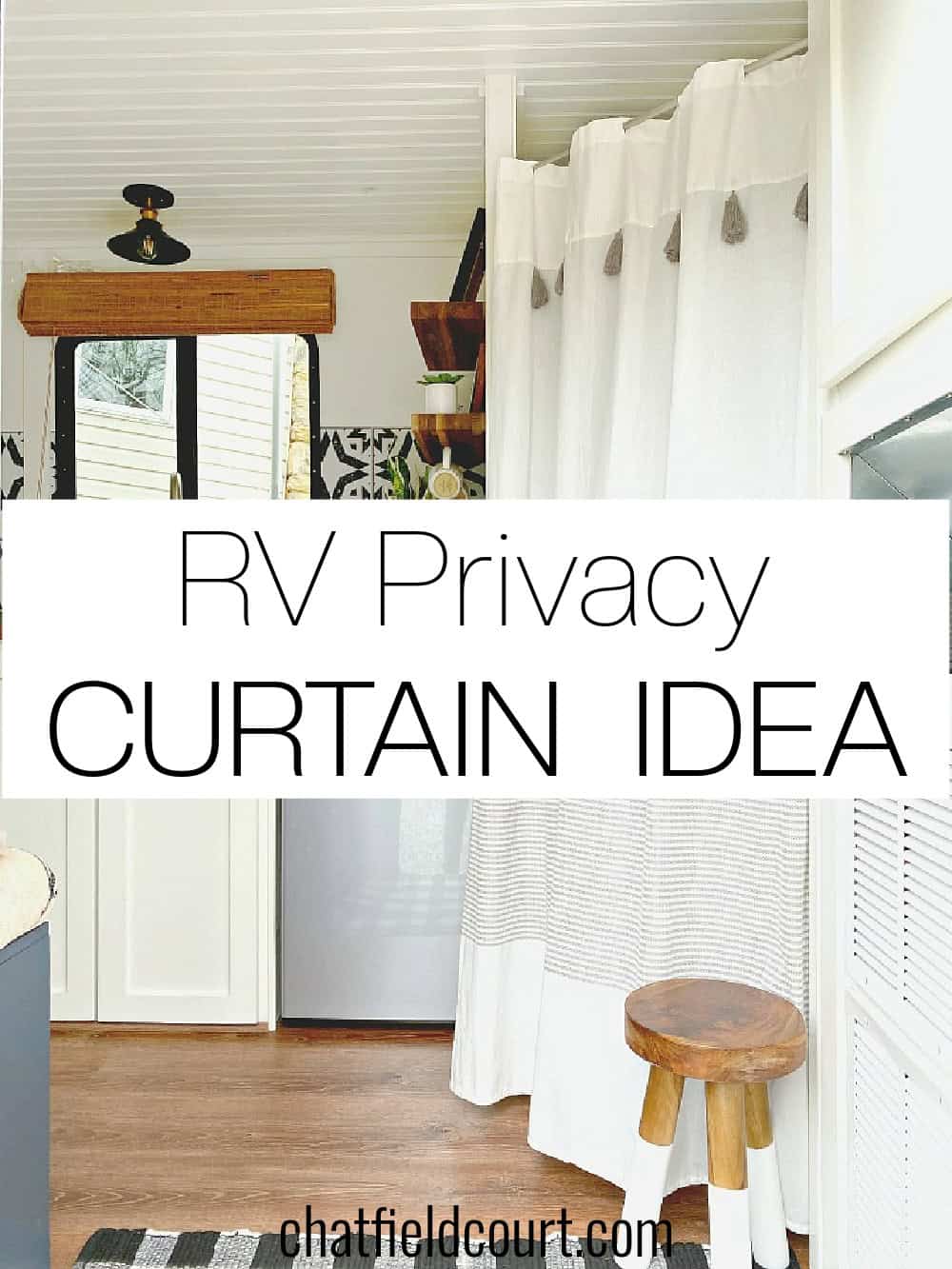 privacy curtain in small RV and large pinterest graphic