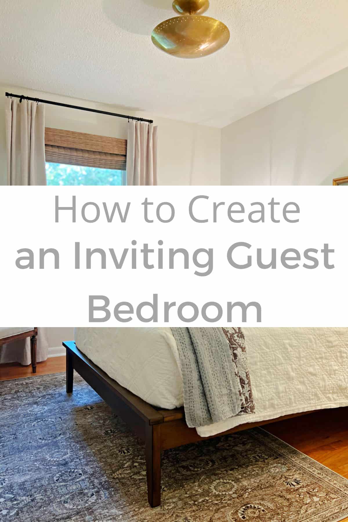 small guest bedroom with bed and large pinterest graphic