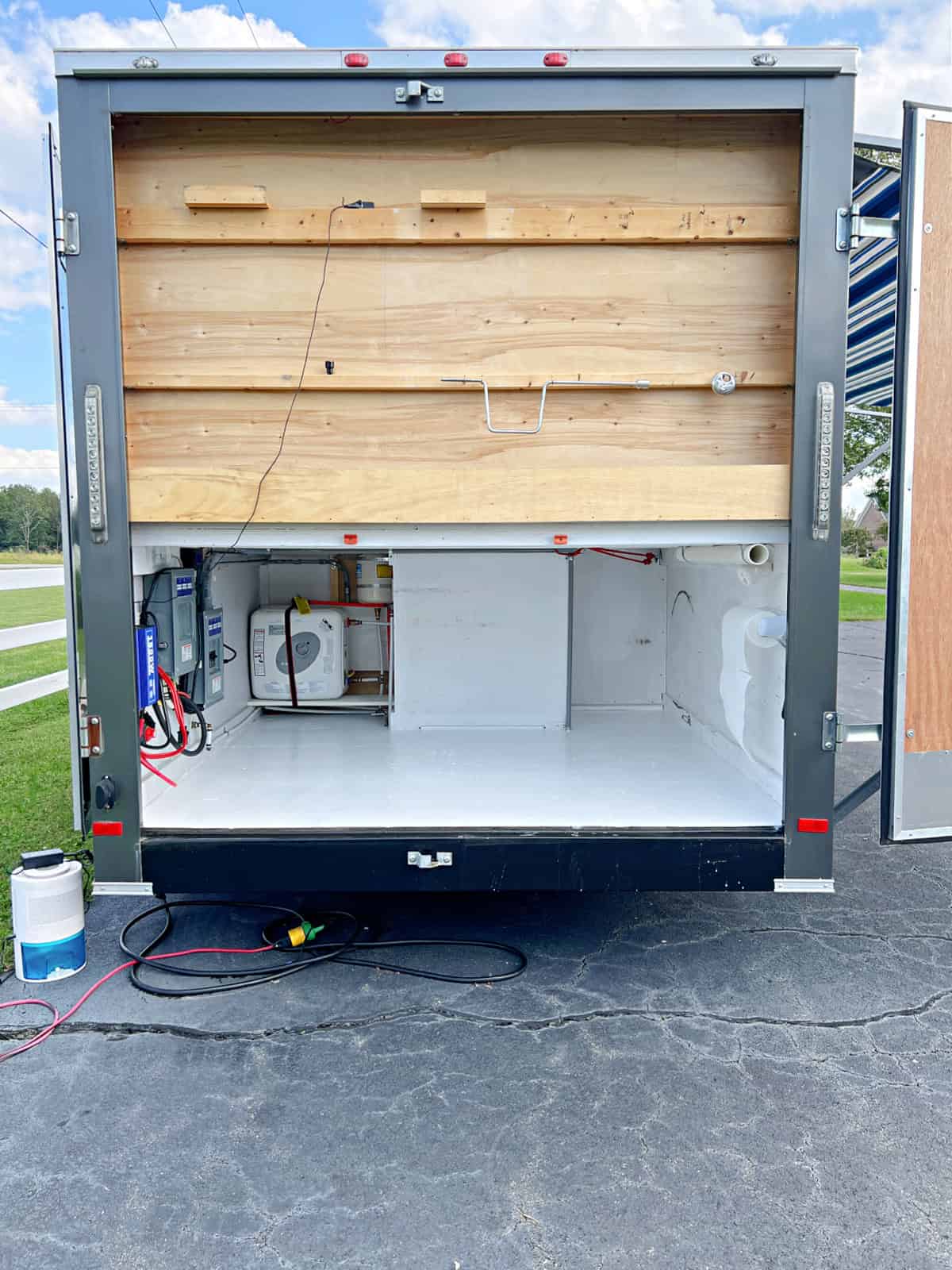 garage area of cargo trailer convversion