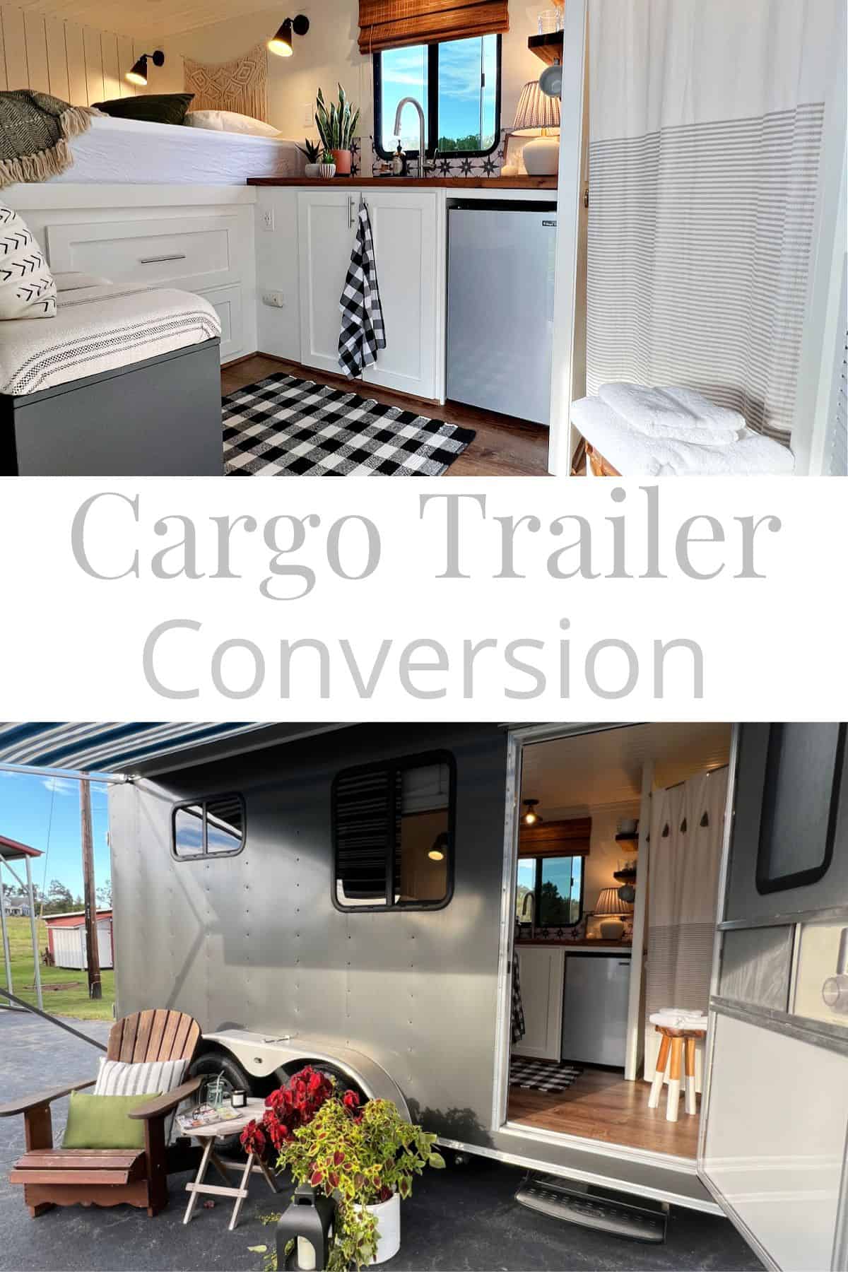 inside and outside view of cargo trailer conversion plus a large graphic