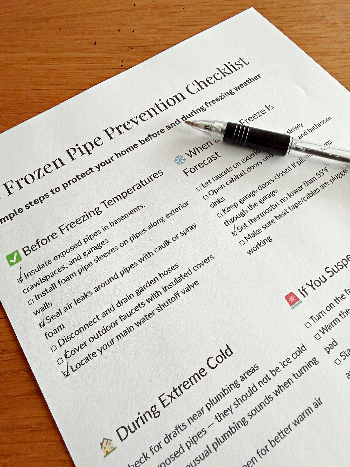 frozen pipe prevention checklist with pen